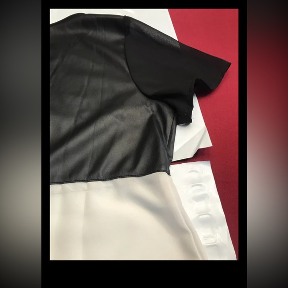 Black faux leather White chiffon TUNIC Hi Low Blouse Flowy Zip Back Pullover s/s - Picture 8 of 11